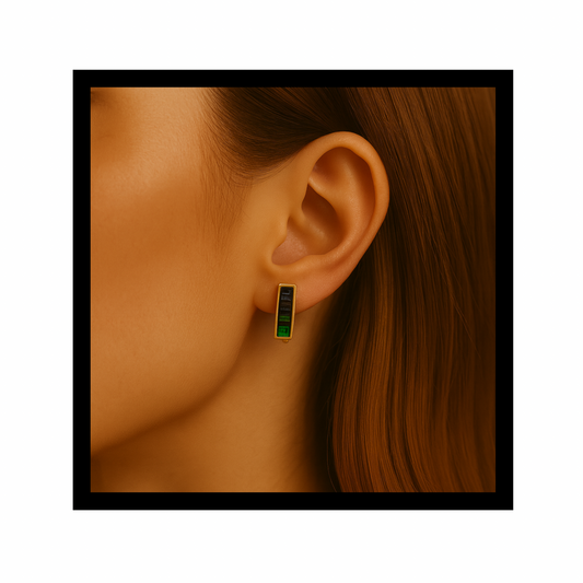 Canyon Lake Strata Drop Studs: 10K Yellow Gold, Black Spinel, Smoky Quartz, + Green Tourmaline