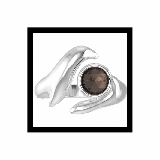 Gulf Tide Ring Sculpted 10K White Gold with Rose-Cut Smoky Quartz