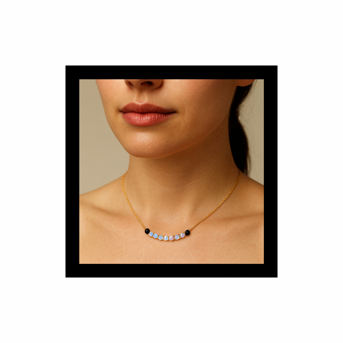 Riverbend Necklace Rainbow Moonstone + Black Onyx in 10K Gold