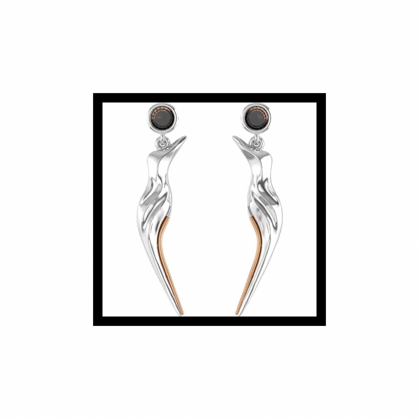 Tailwind Earrings Sculptural 10K White Gold with Rose-Gold Accent + Smoky Quartz