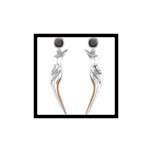 Tailwind Earrings Sculptural 10K White Gold with Rose-Gold Accent + Smoky Quartz