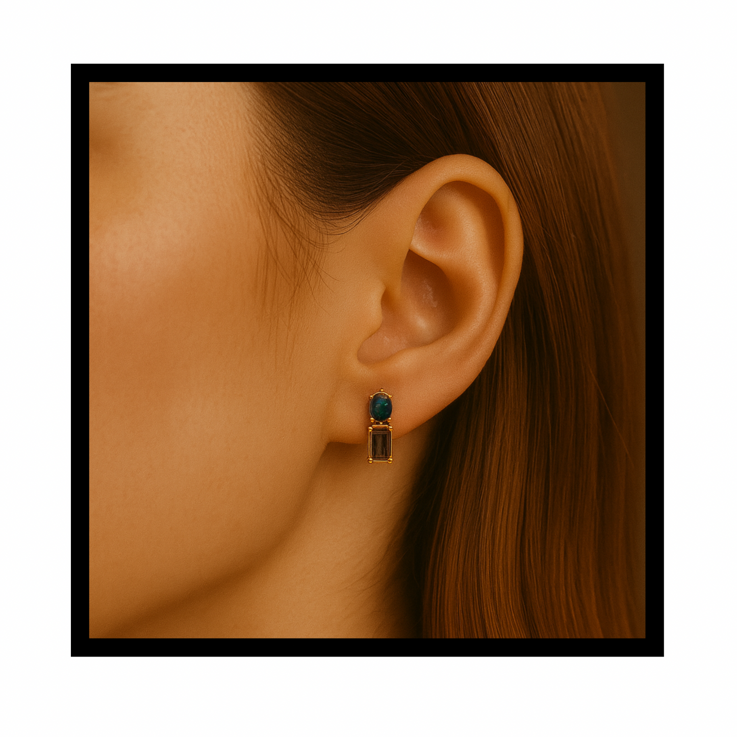 Llano Eclipse Drop Studs: Black Opal + Smoky Quartz in 10K Yellow Gold