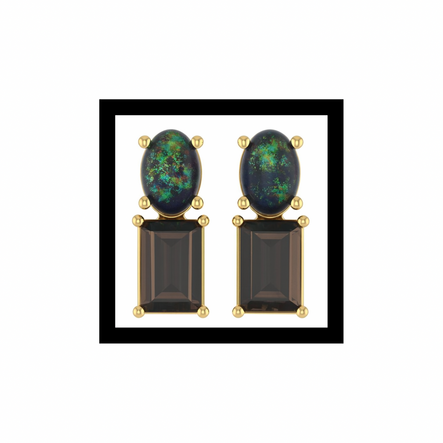 Llano Eclipse Drop Studs: Black Opal + Smoky Quartz in 10K Yellow Gold