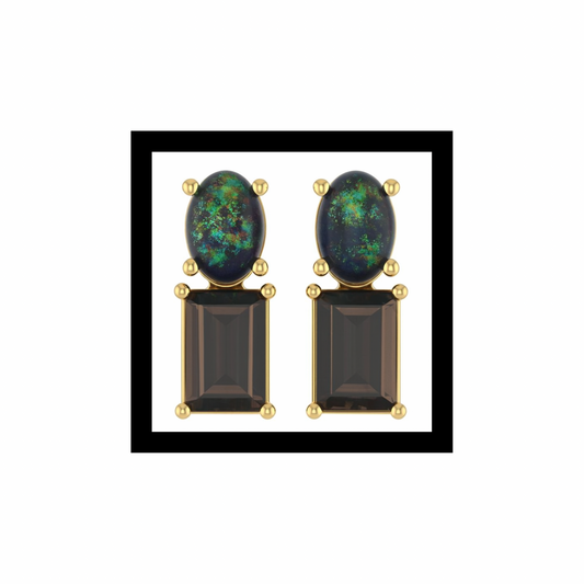 Llano Eclipse Drop Studs: Black Opal + Smoky Quartz in 10K Yellow Gold